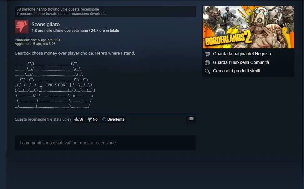 Recensione negativa rilasciata su steam relativa a borderlands 3