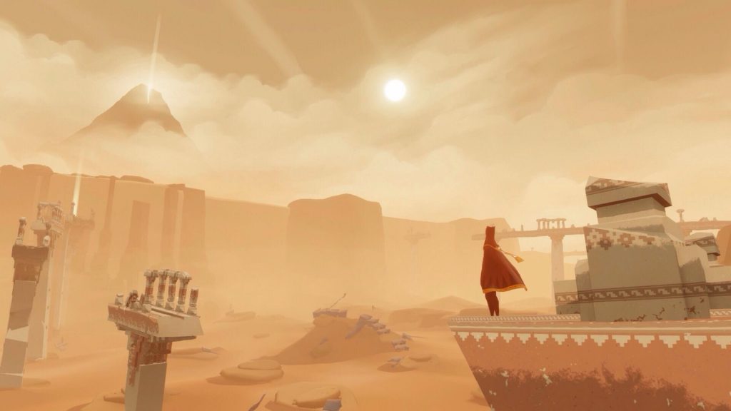 Journey (2012) sviluppato da thatgamecompany e distribuito da annapurna interactive, in collaborazione con sony computer entertainment, journey prevedeva in modo molto  simile a stray, due semplici azioni di base: saltare, eventualmente fluttuando, e cantare per interagire con l'ambiente circostante.