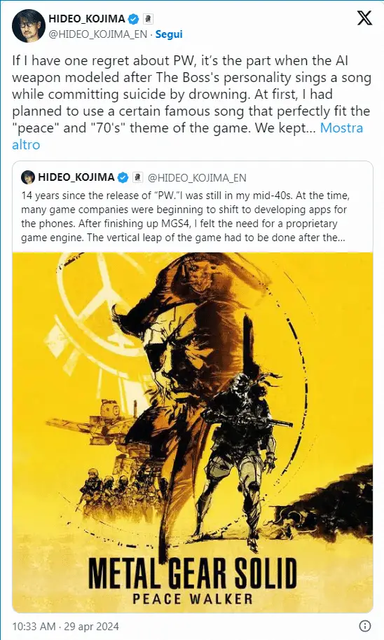 Hideo kojima celebra l'anniversario di peace walker con una confessione