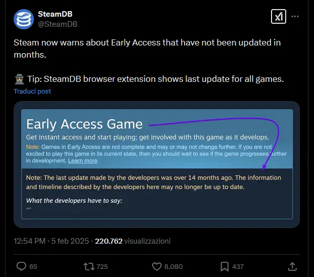 Steam ora segnala i giochi in accesso anticipato abbandonati